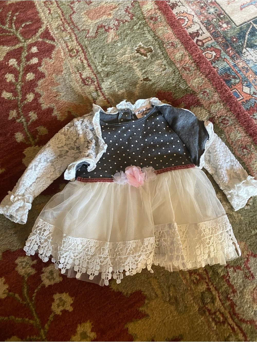 Little Lass Gray Polka Dot and White Lace Tulle Dress with Pink Flower